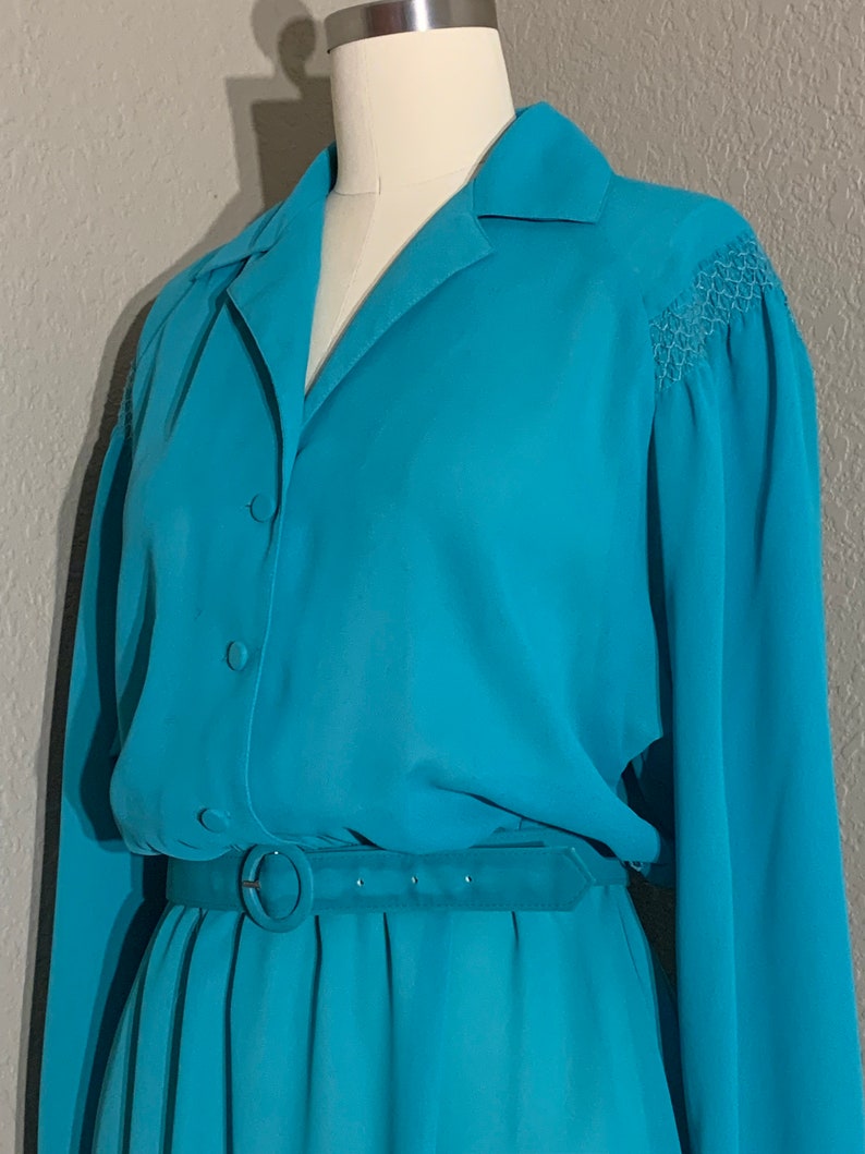 1970's-80's Sheer Turquoise Secretary Shirt Dress with Collar & Matching Belt Willi of California Vintage Small Medium S M image 5