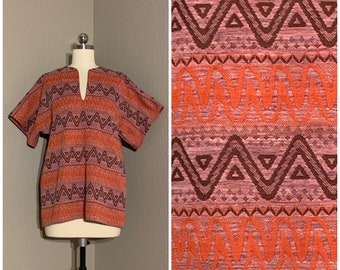 1960's-70's Orange & Maroon Zig Zag Design Knit Polyester Tunic Top Short Sleeve Split Neckline Vintage Medium Large M L