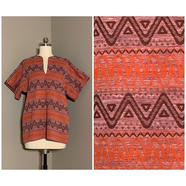 1960's-70's Orange & Maroon Zig Zag Design Knit Polyester Tunic Top Short Sleeve Split Neckline Vintage Medium Large M L