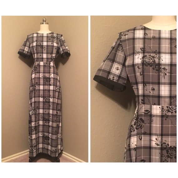 1980's does 1940's Plaid and Floral Maxi Dress wit