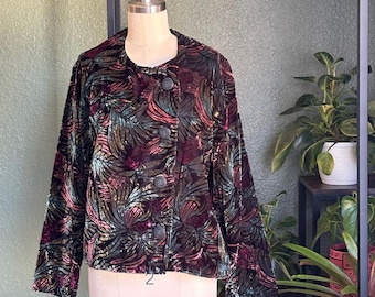 Vintage 90's Velvet Fern Print Jacket, Asymmetrical Button Front, Medium Large M-L