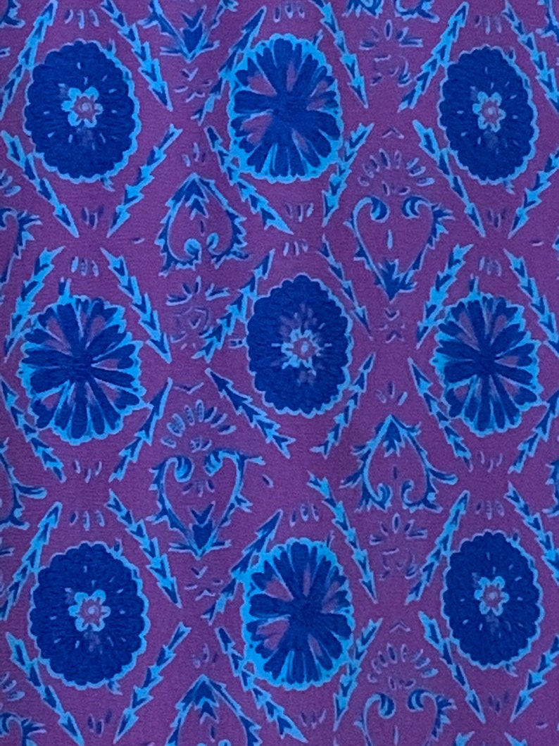 1980/'s-90/'s Bright Blue /& Purple Medallion Flower Print Skirt Elastic Waist Woven Polyester Leslie Fay Vintage Medium Large M L