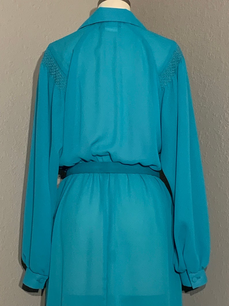 1970's-80's Sheer Turquoise Secretary Shirt Dress with Collar & Matching Belt Willi of California Vintage Small Medium S M image 8