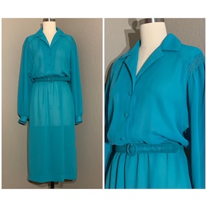1970's-80's Sheer Turquoise Secretary Shirt Dress with Collar & Matching Belt Willi of California Vintage Small Medium S M image 1