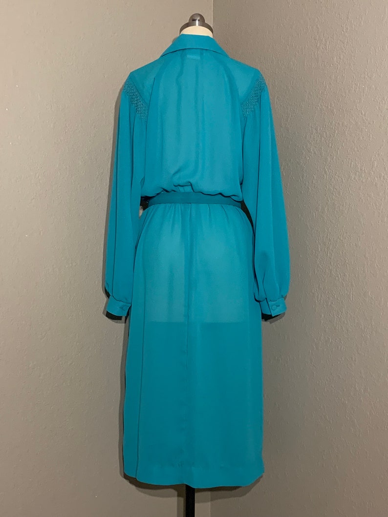 1970's-80's Sheer Turquoise Secretary Shirt Dress with Collar & Matching Belt Willi of California Vintage Small Medium S M image 7