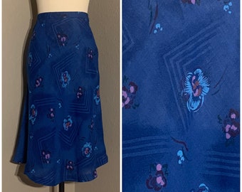 1970's Semi-Sheer Cobalt Blue Cotton Floral Skirt with Abstract Accents A-Line Vintage Small S