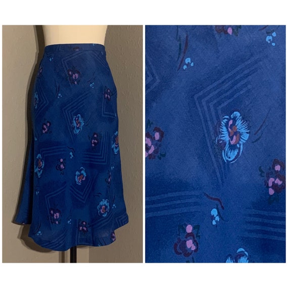 1970's Semi-Sheer Cobalt Blue Cotton Floral Skirt… - image 1