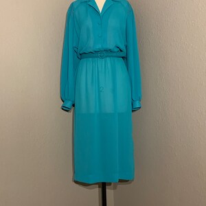 1970's-80's Sheer Turquoise Secretary Shirt Dress with Collar & Matching Belt Willi of California Vintage Small Medium S M image 2