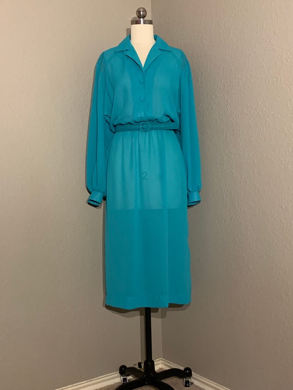 1970's-80's Sheer Turquoise Secretary Shirt Dress… - image 2