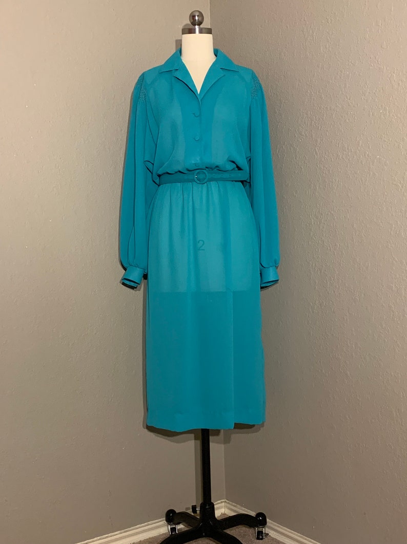 1970's-80's Sheer Turquoise Secretary Shirt Dress with Collar & Matching Belt Willi of California Vintage Small Medium S M image 2