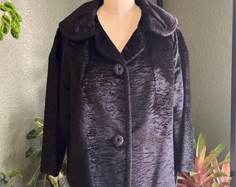 Vintage 60's Black Velvet Short Coat Jacket, Textured with Round Collar, Medium Large M-L