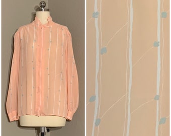 1980's Sheer Peach Button Up Blouse with Dainty Green Leaf Print Long Sleeves Haberdashery Medium Large M L