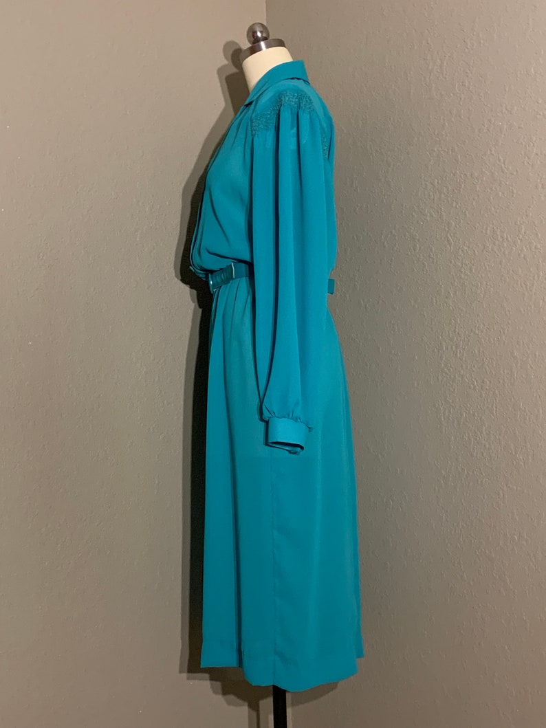 1970's-80's Sheer Turquoise Secretary Shirt Dress with Collar & Matching Belt Willi of California Vintage Small Medium S M image 6