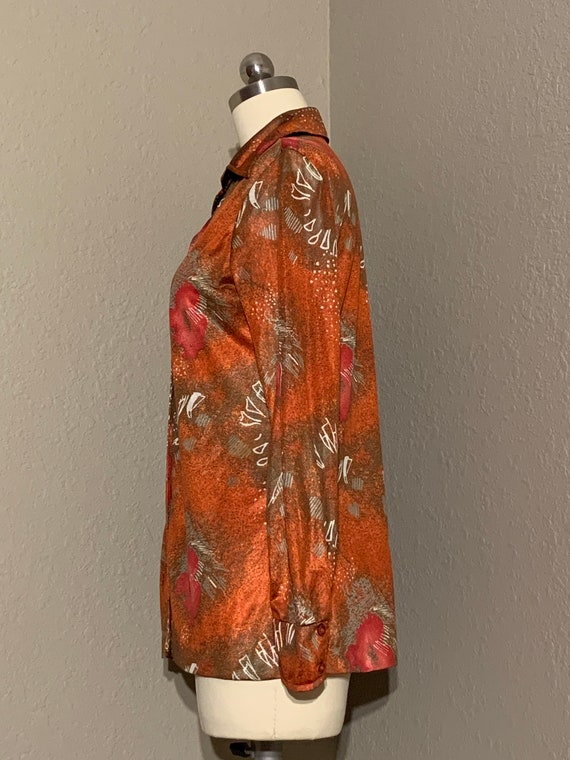 1970's Silky Polyester Abstract Print Blouse in O… - image 6