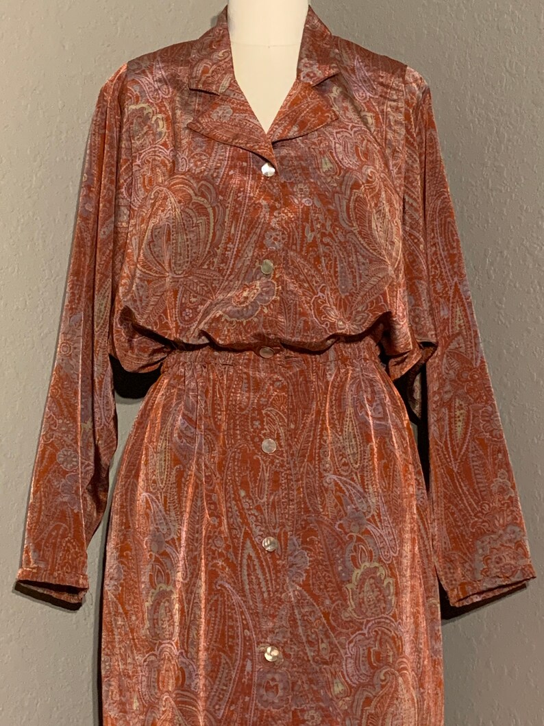 1960/'s Orange /& Lavender Paisley Silk Sheath Dress Mother of Pearl Buttons Long Sleeves Volup Plus Size Handmade Vintage Extra Large XL 1X