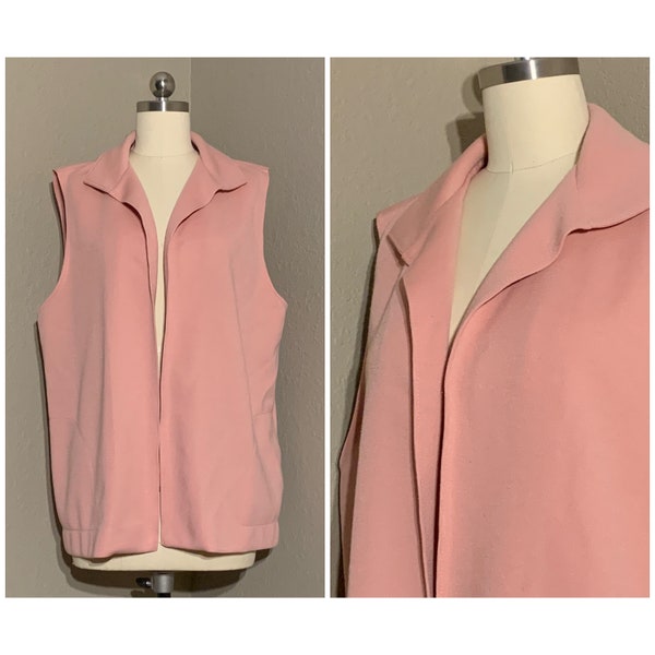1960's-70's Mauve Pink Polyester Open Front Vest with Pockets Collared Neckline Vintage Extra Large L XL
