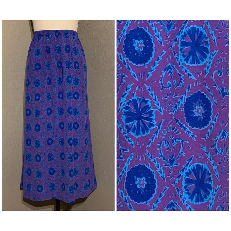 1980/'s-90/'s Bright Blue /& Purple Medallion Flower Print Skirt Elastic Waist Woven Polyester Leslie Fay Vintage Medium Large M L