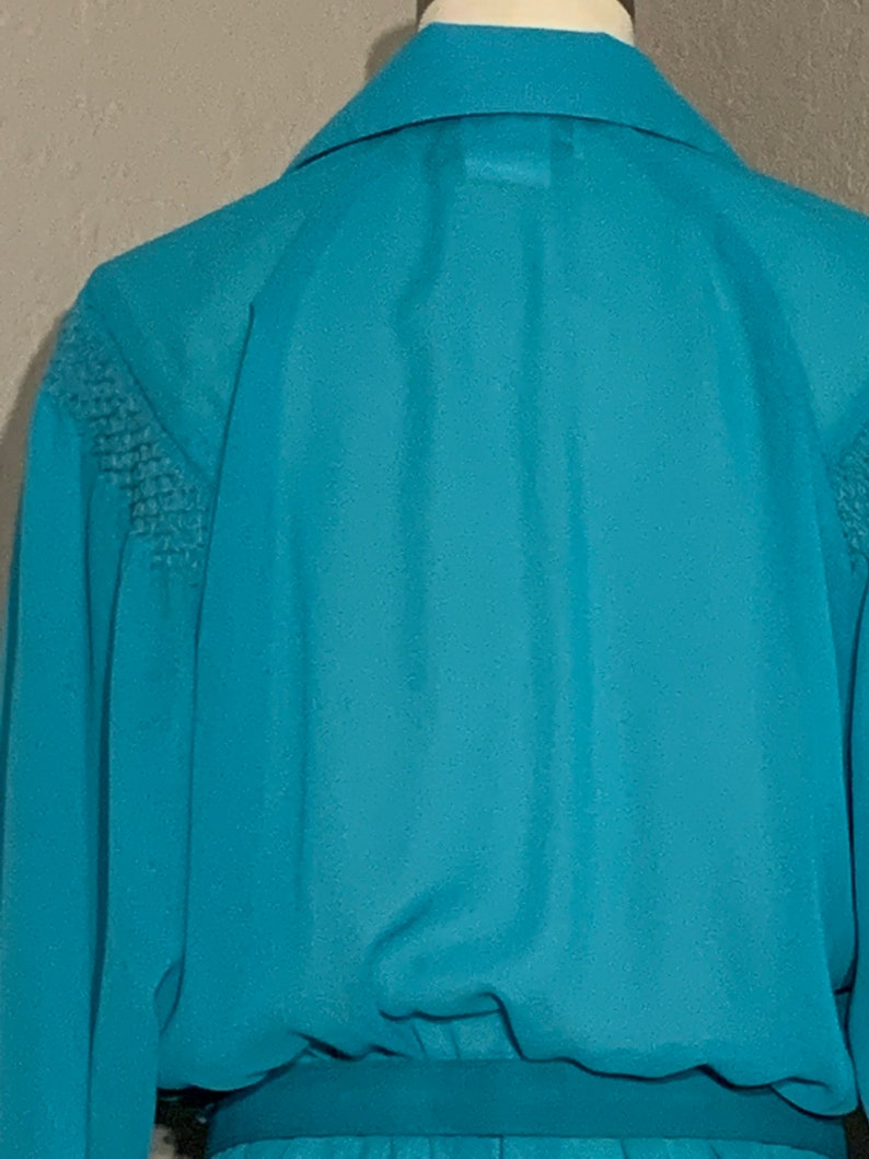 1970's-80's Sheer Turquoise Secretary Shirt Dress with Collar & Matching Belt Willi of California Vintage Small Medium S M image 9