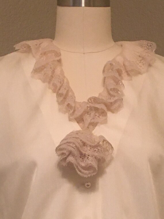 1970's Ivory Silky Poly Blouse with Ruffle Lace N… - image 4