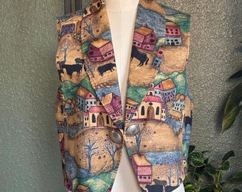 Vintage 90's Southwestern Vest, Cotton Village Print with Silver Conchos, Small Medium S-M