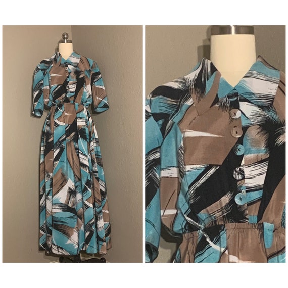 1980's does 1940's Abstract Print Rayon Dress in … - image 1