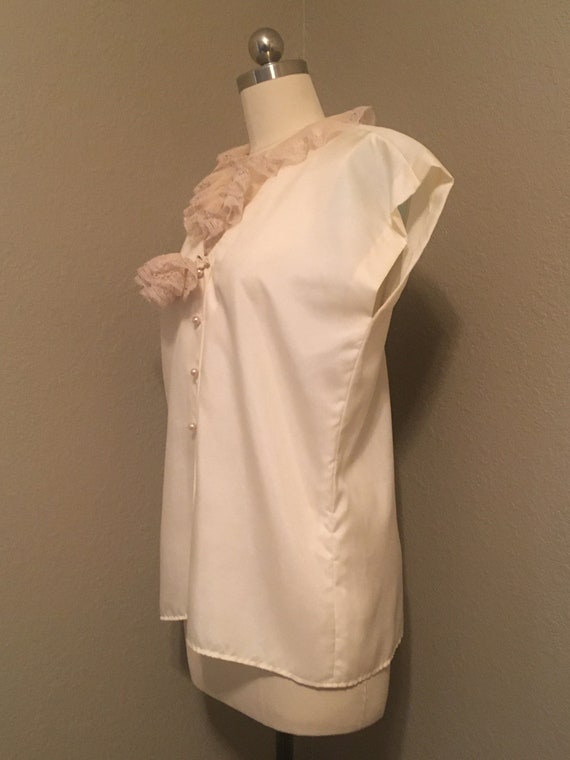 1970's Ivory Silky Poly Blouse with Ruffle Lace N… - image 5