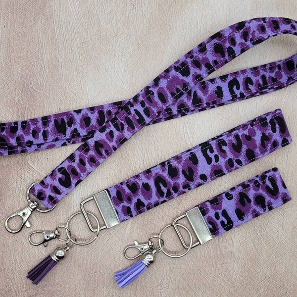 Purple Cheetah Print Key Fob Wristlet, Leopard Print Mini Fabric Key Fob, Neck Lanyard, ID Badge Holder, Car Accessories, Key Strap Keychain