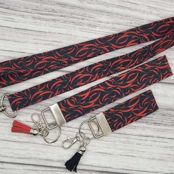 Red Hot Chili Pepper Key Fob Wristlet with Tassel, Fabric Keychain with Clip, Wrist Strap for Wallet, Car Accessories, Key Lanyard for Women
