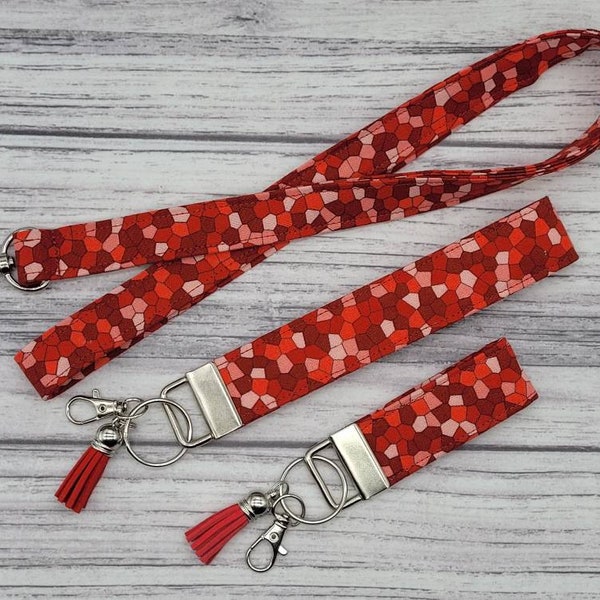 Red Mosaic Print Key Fob Wristlet with clip, Mini keychain Wrist Strap, Lanyard with ID Holder, Car Accessories for Women, Teen Driver Gift