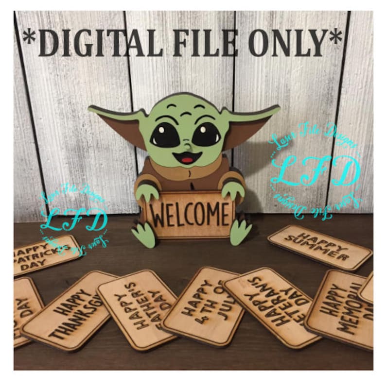 Freestanding Baby Yoda with Interchangeable Signs Drawing