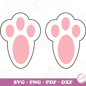 Puede incluir: Dos huellas de patas de conejo de dibujos animados con almohadillas rosas y un contorno negro, sobre un fondo blanco. La parte inferior de la imagen tiene el texto "SVG • PNG • PDF • DXF" en letras blancas sobre un fondo morado.