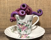 Kraken in a cup OOAK sculpture, ceramic teacup with sculpey creature, octopus lover delight, Teacup collectors dream, Handmade item, Limoges