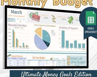 May include: A computer screen displaying a monthly budget spreadsheet with a colorful design. The spreadsheet includes sections for income, expenses, savings, and a breakdown of spending. The title of the spreadsheet is "Level Up My Goals Monthly Budget" and the month is March. The spreadsheet is labeled as a Google Spreadsheet.
