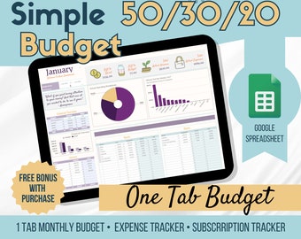 Purple - Simple 50/30/20 Monthly Budget Tracker, Monthly Budget Spreadsheet, Budget Planner, Expense Tracker, Budget Template, Google Sheets