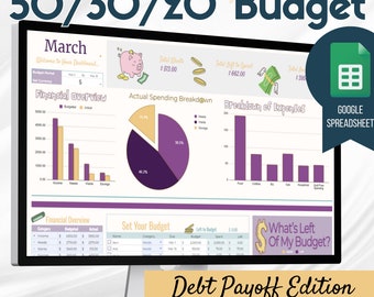 May include: A computer screen displaying a 50/30/20 budget spreadsheet template for March. The spreadsheet includes sections for income, needs, wants, savings, and expenses. The template is designed to help users track their spending and save money. The spreadsheet is titled "Debt Payoff Edition" and includes the text "Level Up My Goals 50/30/20 Budget".