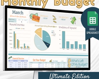 May include: A computer screen displaying a Google Spreadsheet template for a monthly budget. The spreadsheet is titled "Monthly Budget" and includes sections for income, expenses, savings, and a breakdown of spending. The template is designed to help users track their finances and create a budget.