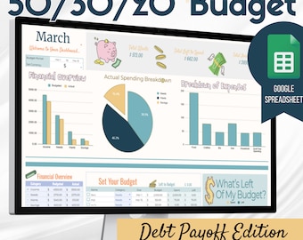 May include: A digital display shows a 50/30/20 budget template for Google Sheets. The screen displays financial overviews, spending breakdowns, and budget setting tools. Text includes "Debt Payoff Edition" and "Easy Start."