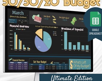 Könnte beinhalten: Ein Computerbildschirm zeigt eine 50/30/20-Budget-Tabellenvorlage an. Die Tabelle ist mit "März" betitelt und enthält Abschnitte für die Finanzübersicht, die tatsächliche Ausgabenaufteilung, die Aufteilung der Ausgaben und die Festlegung eines Budgets. Die Tabelle soll Benutzern helfen, ihre Einnahmen und Ausgaben zu verfolgen und ihr Geld nach der 50/30/20-Budgetmethode zu verteilen. Die Tabelle ist mit "Ultimate Edition" gekennzeichnet und enthält den Text "MONAT/WOCHE/ZWEIWÖCHENTLICH - EINFACHER START".