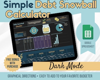 Dark Mode-Simple Debt Snowball Calculator, Debt Planner, Debt Free Planner, Debt Payoff Spreadsheet Template, Budget Planner, Google Sheets