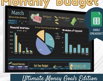 May include: Digital financial planner with a dark background, displaying a monthly budget overview. The screen shows charts, graphs, and text including "Monthly Budget", "Financial Overview", and "Google Spreadsheet". The bottom banner reads "Ultimate Money Goals Edition".