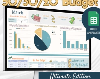 May include: A computer screen displaying a 50/30/20 budget spreadsheet template for March. The spreadsheet includes charts and graphs showing income, needs, wants, savings, and expenses. The template is labeled "Ultimate Edition" and includes the text "LEVEL UP MY GOALS 50/30/20 Budget".