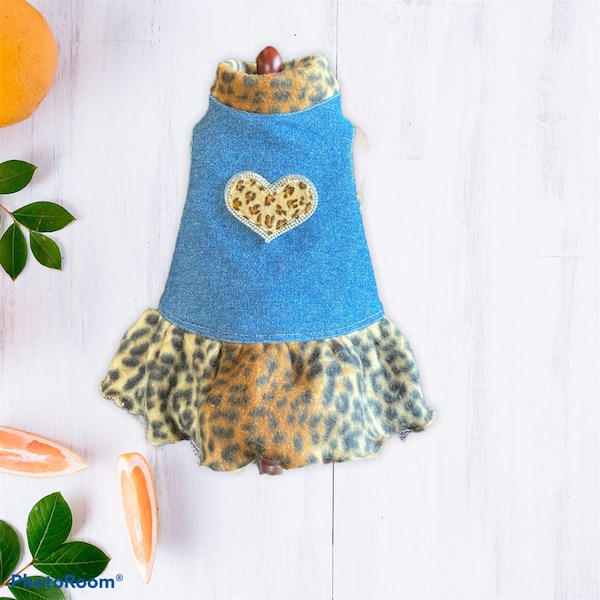 BLINGED LEOPARD and DENIM Dog Dress for Small Dogs*Yorkie Dog Dress*Small Dog Clothes*Small Dog Dress*Casual Dog Dress*Dog Dress with Bling