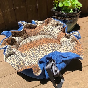 DENIM & LEOPARD Print Small Pet Bed, Handmade, Reversible, Small Dogs or Cats, Washable, Free Shipping, Stress Relief, Plush, Drawstring