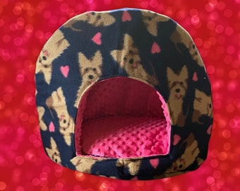 YORKIE & HEARTS Print Small Pet Bed, Handmade, Small Dogs or Cats, Washable, Free Shipping, Stress Relief, Plush, Covered Pet Bed