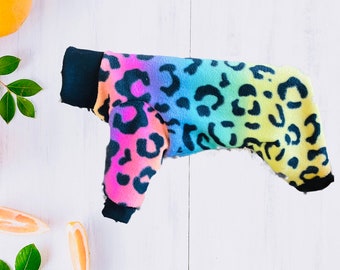 RAINBOW LEOPARD FLEECE Dog Jammies, Handmade Small Pet Clothing