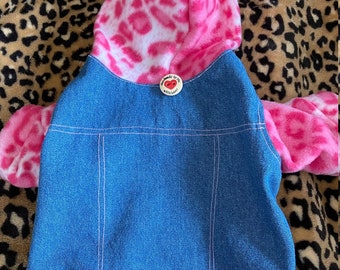 LIL' PRINCESS DENIM Dog Hoodie: Pink Leopard Hoodie for Small Pet