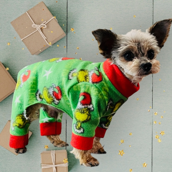 FEELING GRINCHY Jammies for Small Dogs*Fleece Christmas Jammies for Small Dogs*Holiday Onesie in Fleece*Chinese Crested Christmas