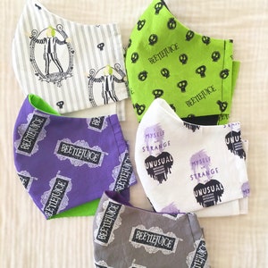 Beetlejuice Face Masks, Multiple Designs, Washable/Reusable, Filter Pocket, 100% Cotton, Elastic Around Head Or Ear Loops, Multiple Sizes