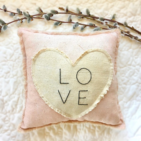 Love Pillows, Naturally Dyed, Hand Embroidered, Vintage Inspired, Applique Heart, Blush Pink and Cream