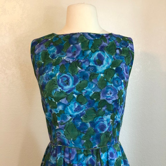 1960s Blue Floral Chiffon Dress - image 3